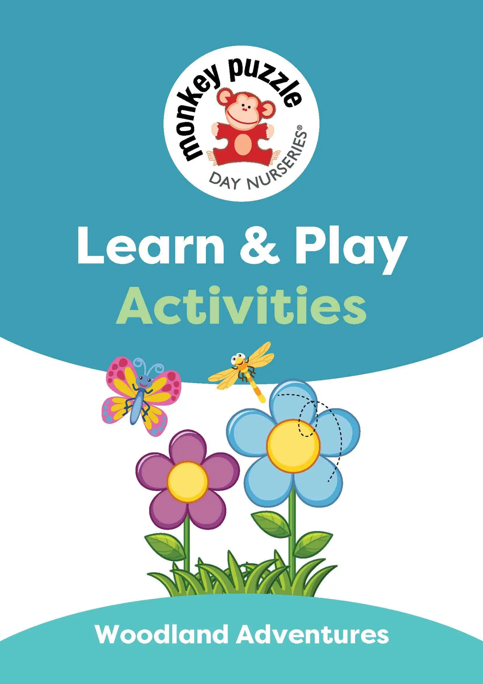 MP_ACTIVITY_Woodland_Adventures_A4_3PG_(JUL_2022)_V1_Page_1 Bright blue background featuring Monkey Puzzle Day Nursery & Preschool Lightwater logo with playful flowers, butterflies, and a dragonfly for engaging early childhood learning activities.