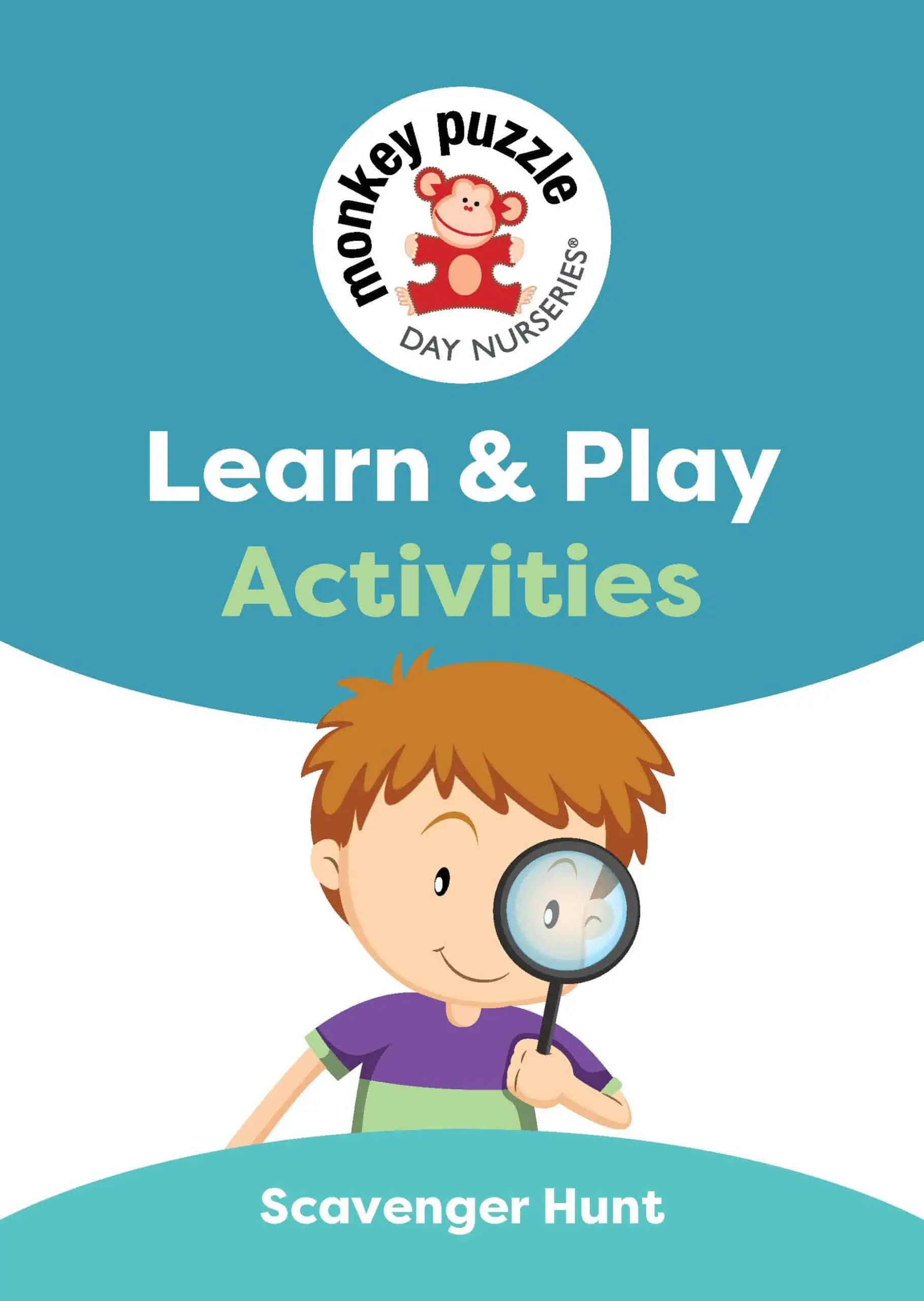 MP_ACTIVITY_Scavenger_Hunt_A4_3PG_(JUL_2022)_V1_Page_1 Bright, colorful poster for Monkey Puzzle Day Nursery Lightwater promoting fun learning activities like scavenger hunts for preschool children.