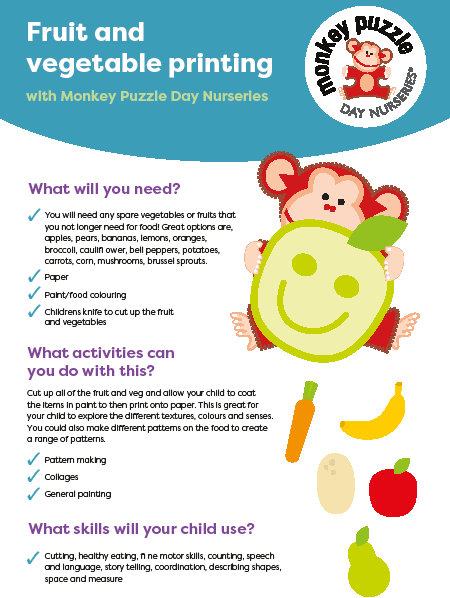 fruit andd veg Fruit and vegetable printing activity at Monkey Puzzle Day Nursery in Lightwater, fostering creativity and healthy eating habits for preschool children.